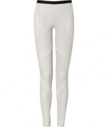 Inject patchworked purity into your modern-minimalist look with this seasons most coveted must-have: Helmut Langs stretch leather leggings - Black elasticized waistline, modern patchworked seaming, faux back pockets, form-fitting through the knee - Pair with cool chunky knits and statement ankle boots