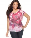 Blossom beauty this season with ING's short sleeve plus size top, featuring a floral print.