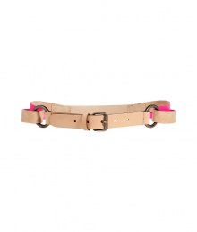 High-fashion belt in light brown leather - Statement accessory with neon pink detail - Thin design with metal buckle rings - Upgrade from basic belt - Pairs perfectly with monochromatic shirt or tunic and long cardigan