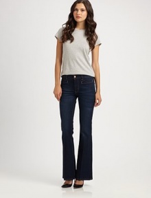 Medium rise and flared hems add flattering proportions to these dark-wash jeans of soft stretch cotton. THE FITMedium rise, about 8Inseam, about 32THE DETAILSZip flyFour-pocket style98% cotton/2% polyurethaneMachine washImportedModel shown is 5'10 (177cm) wearing US size 4. Medium rise and flared hems add flattering proportions to these dark-wash jeans of soft stretch cotton. THE FITMedium rise, about 8Inseam, about 32THE DETAILSZip flyFour-pocket style98% cotton/2% polyurethaneMachine washImportedModel shown is 5'10 (177cm) wearing US size 4.