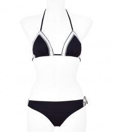 Look poolside pretty in this polka dot bikini from Juicy Couture - Classic triangle top with stripe, dual back tie detail with logo charms, classic bottoms with side stripe and bow - Pair with a sheer caftan, wedge sandals, a floppy sunhat Look poolside pretty in this polka dot bikini from Juicy Couture - Classic triangle top with stripe, dual back tie detail with logo charms, classic bottoms with side stripe and bow - Pair with a sheer caftan, wedge sandals, a floppy sunhat