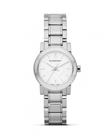 Freshen up your face with this stainless steel watch from Burberry, accented by a check stamped dial. With Swiss movement and a slim profile, this understated style is a functional day-to-day choice. Freshen up your face with this stainless steel watch from Burberry, accented by a check stamped dial. With Swiss movement and a slim profile, this understated style is a functional day-to-day choice.