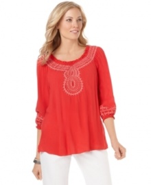 Chic embroidery and a laid-back fit combine for a well-traveled look in this petite peasant top from JM Collection! Pair it with basic pants for breezy style. Chic embroidery and a laid-back fit combine for a well-traveled look in this petite peasant top from JM Collection! Pair it with basic pants for breezy style.