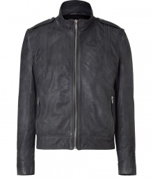 Modern take on the classic moto jacket designed in dark grey leather with a short, fitted cut - Long, slender sleeves, stand collar, shoulder bars and a zip closure - Work for casual or dressed looks, with jeans or suit pants - Jacket to wear for a lifetime