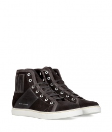 Finish your look with a school-cool edge in Marc Jacobs lettered high top sneakers, detailed in tonal charcoal suede for that chic, Downtown feel - Rounded toe, tonal leather trim, flat laces, white eyelets, stitched welt, white rubber sole - Team with favorite jeans, or for a modern-preppy edge, with chic colored cords