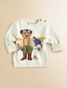 An adorable crewneck sweater in hearty flat-knit cotton is accented with an adorable intarsia-knit bear.CrewneckLong sleeves with rolled ribbed cuffsRibbed neckline, cuffs and hemCottonMachine washImported