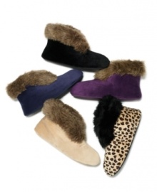 Walk on the wild side of warmth with these chic bootie slippers. Charter Club trimmed the cuffs with faux fur. Walk on the wild side of warmth with these chic bootie slippers. Charter Club trimmed the cuffs with faux fur.