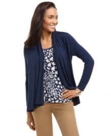 Get the look of two pieces in one stylish petite top: Charter Club outfits an inset layer with a striking bird print in navy and white and a cardigan-style solid outer layer. Get the look of two pieces in one stylish petite top: Charter Club outfits an inset layer with a striking bird print in navy and white and a cardigan-style solid outer layer.