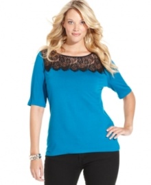 Lend a romantic flair to your style with Charter Club's elbow sleeve plus size top, featuring a lace yoke.