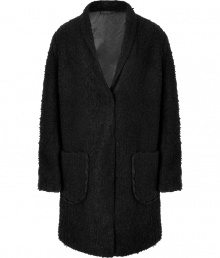 Boucle coat of a black wool blend - The cut is relaxed, with deep lapels and large patch pockets - Comfortable length to thigh - Wear with business suits, leather pants, pencil skirts, and even jeans