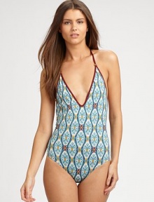 A pretty print and ultra-seductive neckline create the perfect design.Plunge neckline80% nylon/20% Xtra Life LYCRA® fiberHand washImported A pretty print and ultra-seductive neckline create the perfect design.Plunge neckline80% nylon/20% Xtra Life LYCRA® fiberHand washImported