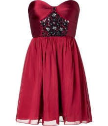 Stylish strapless dress in fine red silk and wool blend - Slim, sculpted bodice has an elegant sheen and bead embellishment - Gently pleated A-line miniskirt hits mid-thigh - Zips at back - A chic must for parties, holidays and special events - Style with a cropped leather jacket, opaque tights and pumps or ankle booties