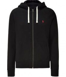 Sporty separates are casual wardrobe essentials, and this Polo Ralph Lauren black cotton fleece zip up has enduring appeal - Slim, straight cut - Classic hoodie style, with drawstrings, kangaroo pockets and full zipper - Banded waist and cuffs - Embroidered polo pony logo at chest - Easy and indispensable, perfect for pairing with jeans, chinos, shorts or sweatpants Sporty separates are casual wardrobe essentials, and this Polo Ralph Lauren black cotton fleece zip up has enduring appeal - Slim, straight cut - Classic hoodie style, with drawstrings, kangaroo pockets and full zipper - Banded waist and cuffs - Embroidered polo pony logo at chest - Easy and indispensable, perfect for pairing with jeans, chinos, shorts or sweatpants