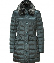 A flattering slim fit and a luxe fur collar lend effortlessly chic style to this down coat from Peuterey - Hooded, large fur collar, concealed front zip closure with front button placket, long sleeves, slit pockets, flap pockets at waist, quilted, slim fit, thigh length, water repellent coating - Wear with a cashmere pullover, skinny jeans, and shearling-lined boots A flattering slim fit and a luxe fur collar lend effortlessly chic style to this down coat from Peuterey - Hooded, large fur collar, concealed front zip closure with front button placket, long sleeves, slit pockets, flap pockets at waist, quilted, slim fit, thigh length, water repellent coating - Wear with a cashmere pullover, skinny jeans, and shearling-lined boots