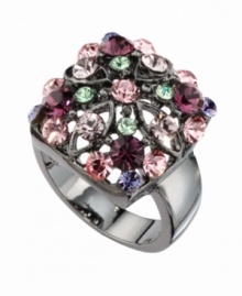 Splash your digits with a rainbow of color in a fresh, floral pattern. City by City ring features multicolored crystals set in a unique, cut-out square setting. Crafted in mixed metal. Size 7 and 8.