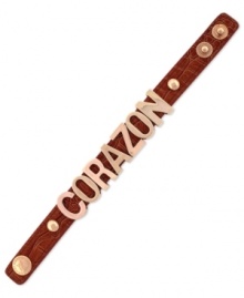 A look sure to steal your heart. BCBGeneration's Corazon affirmation bracelet is crafted from rose gold-tone mixed metal on a stylish orange croco band for a fashion-forward look. Approximate length: 8 inches. A look sure to steal your heart. BCBGeneration's Corazon affirmation bracelet is crafted from rose gold-tone mixed metal on a stylish orange croco band for a fashion-forward look. Approximate length: 8 inches.
