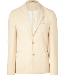 Stylish blazer made ​.​.of fine, light beige cotton blend - Updated version of the classic blazer - With moderately deep lapels, two-button front - Two side patch pockets and breast pocket  - Slim, slightly fitted shape - Ideal jacket for many summer occasions and office ensembles - Pair with dark jeans and boots, wear over a thin cashmere pullover