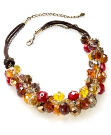 Fall fashion-forward with this cluster necklace from c.A.K.e. by Ali Khan. Crafted from gold-tone mixed metal and suede, the necklace captures the spirit of its seasonal namesake with multicolor glass beads. Approximate length: 18 inches + 3-inch extender. Fall fashion-forward with this cluster necklace from c.A.K.e. by Ali Khan. Crafted from gold-tone mixed metal and suede, the necklace captures the spirit of its seasonal namesake with multicolor glass beads. Approximate length: 18 inches + 3-inch extender.