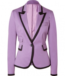 Eye-catching in wisteria with bold black trim, Moschino C&Cs two-tone blazer is a fun way to add a fashion-forward edge to work looks - Peaked lapel, long sleeves, buttoned cuffs, flap pockets, single front button closure - Sharply tailored fit - Wear with a crisp button-down and matching trousers, or over a tailored sheath dress with sleek high-heels Eye-catching in wisteria with bold black trim, Moschino C&Cs two-tone blazer is a fun way to add a fashion-forward edge to work looks - Peaked lapel, long sleeves, buttoned cuffs, flap pockets, single front button closure - Sharply tailored fit - Wear with a crisp button-down and matching trousers, or over a tailored sheath dress with sleek high-heels