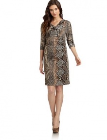 THE LOOKAllover reptile printCowlneckThree-quarter length sleevesShirred detailing, backBack zip with hook-and-eye closureTHE FITAbout 37 from shoulder to hemTHE MATERIALPolyester/spandexFully linedCARE & ORIGINDry cleanImportedModel shown is 5'10 (177cm) wearing US size 4. THE LOOKAllover reptile printCowlneckThree-quarter length sleevesShirred detailing, backBack zip with hook-and-eye closureTHE FITAbout 37 from shoulder to hemTHE MATERIALPolyester/spandexFully linedCARE & ORIGINDry cleanImportedModel shown is 5'10 (177cm) wearing US size 4.