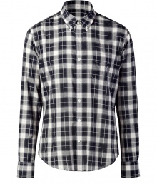 Stylish black and ivory plaid shirt from Vince - Channel the look of the moment in this plaid cotton button-down - Modern slim fit with a trendy small collar - Pair with straight leg jeans, a cardigan, and boots - Try with corduroys and desert boots