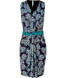 This chic dress features a fun print and a modernized ladylike shape - V-neck, slim silhouette, draped front detail, contrasting waistband, hidden back zip closure, all-over floral print - Style with fishnets, a shawl collar cardigan, and platforms This chic dress features a fun print and a modernized ladylike shape - V-neck, slim silhouette, draped front detail, contrasting waistband, hidden back zip closure, all-over floral print - Style with fishnets, a shawl collar cardigan, and platforms