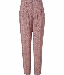 Stylish pants made ..of fine, green and pink patterned silk - Fashionable silhouette, with a high waist and pleats - Narrow, but casual cut in hip cropped length - Two side pockets, back flap pockets - Wow pants are super-trendy - Wear with a simple tee, boyfriend cardigan and platform heels, or with a silk tank, cross-body purse and ballet flats Stylish pants made ..of fine, green and pink patterned silk - Fashionable silhouette, with a high waist and pleats - Narrow, but casual cut in hip cropped length - Two side pockets, back flap pockets - Wow pants are super-trendy - Wear with a simple tee, boyfriend cardigan and platform heels, or with a silk tank, cross-body purse and ballet flats