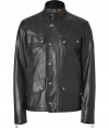 Recently relaunched with a fashion-forward aesthetic, Belstaffs modern iteration of the classic motorcycle jacket infuses luxe-meets-rugged style to this must-have staple - Stand collar with buckle, concealed front placket with snap-detailed front flap, flap pockets with snap details, zip cuffs, modern slim fit - Pair with jeans and a tee and motorcycle boots or with slim trousers and trainers