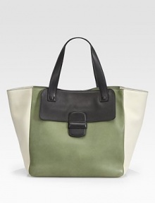 Sumptuous lambskin interpreted in bold colorblock, crafted in an oh-so-roomy carryall.Double top handles, 8 dropOne outside flap pocketOne inside zip pocketOne inside open pocketCanvas lining13W X 12H X 7DMade in Italy Sumptuous lambskin interpreted in bold colorblock, crafted in an oh-so-roomy carryall.Double top handles, 8 dropOne outside flap pocketOne inside zip pocketOne inside open pocketCanvas lining13W X 12H X 7DMade in Italy