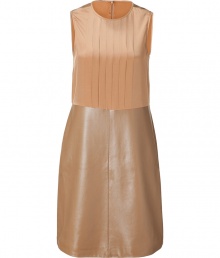 Sophisticated cognac silk and leather shift dress by Raoul - This wonderfully chic dress is flattering and feminine - Lovely pleated silk top with luxurious leather A-line skirt - Sleeveless high neck silhouette with a back zip closure - Pair with ribbed tights, wedge platform heels, and a luxe boyfriend cardigan Sophisticated cognac silk and leather shift dress by Raoul - This wonderfully chic dress is flattering and feminine - Lovely pleated silk top with luxurious leather A-line skirt - Sleeveless high neck silhouette with a back zip closure - Pair with ribbed tights, wedge platform heels, and a luxe boyfriend cardigan