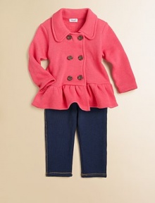 A pretty take on a classic style, in soft cotton with a couldn't-be-cuter ruffle hem.Point collarDouble-breasted button frontLong sleevesRuffle hem50% cotton/50% polyesterMachine washImported Please note: Number of buttons may vary depending on size ordered. A pretty take on a classic style, in soft cotton with a couldn't-be-cuter ruffle hem.Point collarDouble-breasted button frontLong sleevesRuffle hem50% cotton/50% polyesterMachine washImported Please note: Number of buttons may vary depending on size ordered.