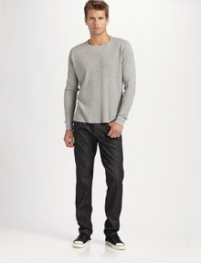 Saturated, raw selvedge denim is designed with a slim fit through the waist and relaxed, straight legs. Five-pocket style Inseam, 34 Cotton Machine wash Imported Saturated, raw selvedge denim is designed with a slim fit through the waist and relaxed, straight legs. Five-pocket style Inseam, 34 Cotton Machine wash Imported