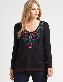 Bohemian-inspired embroidery adds a stylish touch to this cotton pull-on top.ScoopneckLong sleevesKangaroo pocketAbout 27 from shoulder to hemCottonMachine washImported