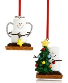 Simply irresistible, S'mores ornaments from Midwest have all the makings of a sweet holiday season. Featuring a marshmallow angel with tinsel wings and another setting up the tree on chocolate and graham cracker.