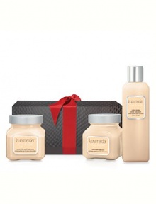 Laura Mercier Crème Brûlée Body & Bath Trio features a Full-Size Crème Body Wash and 6 oz. glass jars of Body Scrub and Soufflé Body Crème in a delicious blend of warm caramel, spun sugar and French vanilla bean for a sensual and enchanting experience. Made in USA. 