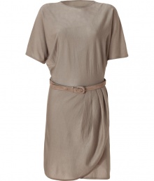 With its soft cashmere-silk mix, and sleek understated mineral grey hue, this draped dress from Ralph Lauren guarantees an elegant, feminine finish to polished daytime looks - Rounded neckline, draped dolman short sleeves, wrap-effect pleat detailed skirt, tonal suede belt, draped feminine fit, falls just above the knee - Streamline your look with ankle boots, tall boots, platforms and chic business bags