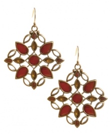 A picturesque pattern. Lucky Brand's exquisite drop earrings feature an openwork design highlighted by plastic stones in rich, red hues. Crafted in gold tone mixed metal. Approximate drop: 2 inches. A picturesque pattern. Lucky Brand's exquisite drop earrings feature an openwork design highlighted by plastic stones in rich, red hues. Crafted in gold tone mixed metal. Approximate drop: 2 inches.