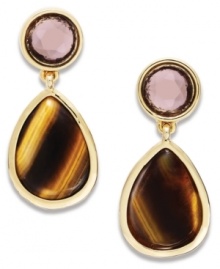 Alluring tiger's eye accents create a must-own double drop earring style from Lauren Ralph Lauren. Clip-on backing for non-pierced ears. Crafted in 14k gold plated mixed metal. Approximate drop: 1 inch. Approximate diameter: 5/8 inch.