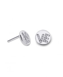 Say it in style. CRISLU's sparkling stud earrings feature a chic, circular shape with the word LOVE split into two parts. Earrings crafted in platinum over sterling silver and decorated with round-cut cubic zirconias (3/8 ct. t.w.). Approximate diameter: 3/8 inch.