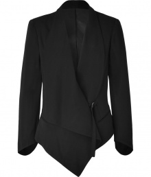 Leave it to Helmut Lang to stylishly update the classic blazer with trend-right asymmetrical styling - Draped shawl collar, side buckle closure, slit pockets, long sleeves with diagonally cut cuffs, asymmetrical high-low hem - Wear with a draped tank, leather leggings, and platform heels