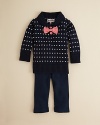 Juicy Couture's picture-perfect sweater set is adorned with a knit polkadots, a pink bowtie applique and a solid legging to anchor the look.