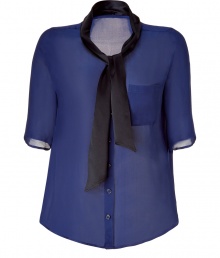 Elegant button down blouse in fine, pure blue silk - Soft, lightweight fabric drapes beautifully - On-trend sheer style with tie neck and small chest pocket - Short sleeves hit at elbow - Boxier cut, ideal for layering with a tank or bandeau - Polished and modern, easily transitions from day to evening - Pair with a leather pant or pencil skirt and ankle booties