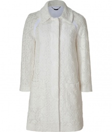 White-on-ivory 100% cotton evening coat in straight cut - Lace-like elegant texture - Concealed button front closure - Two deep patch pockets - Structured shoulders and simple collar without stand - Wear over flirty dress with opaque tights and ankle booties