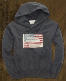 A comfy shawl-collar hoodie gets roughed up with a rugged patriotic flag at the chest, signature patches and distressed details. A comfy shawl-collar hoodie gets roughed up with a rugged patriotic flag at the chest, signature patches and distressed details.