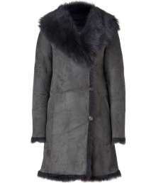 Exquisitely tinted in an elegant shade of anthracite, Paul & Joes luxurious shearling coat counts as a must-have investment, guaranteed to add a sophisticated edge to your outfit - Round collar, long sleeves, hooked button closures, side slit pockets, patchworked seaming, tonal fur interior and trim throughout - The perfect weight for transitioning through the seasons in chic style Exquisitely tinted in an elegant shade of anthracite, Paul & Joes luxurious shearling coat counts as a must-have investment, guaranteed to add a sophisticated edge to your outfit - Round collar, long sleeves, hooked button closures, side slit pockets, patchworked seaming, tonal fur interior and trim throughout - The perfect weight for transitioning through the seasons in chic style