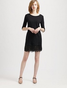 Divine lace-trim hem and a hint of cashmere add ladylike charm to this classic t-shirt dress. BoatneckElbow-length sleevesLace-trim hemAbout 19 from natural waist70% wool/25% nylon/5% cashmereSilk and nylon lace trimDry cleanMade in USA of imported fabricModel shown is 5'10 (177cm) wearing US size Small.