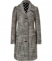 Stylish tweed coat made ..from fine pure new wool - Mottled color combination in black and ecru - Slim and straight cut, classic short length - The details: four button front, long sleeves, wide lapels, big pockets, polka dot lining - Typical transitional coat that can be combined in various ways and can be worn over the years - Wear with a pencil skirt, jeans, straight cut trousers Stylish tweed coat made ..from fine pure new wool - Mottled color combination in black and ecru - Slim and straight cut, classic short length - The details: four button front, long sleeves, wide lapels, big pockets, polka dot lining - Typical transitional coat that can be combined in various ways and can be worn over the years - Wear with a pencil skirt, jeans, straight cut trousers