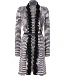Chilly days call for chic knitwear, and Missonis tonal grey cardigan coat is an ultra luxe choice, perfectly weighted for both indoors and out - Shawl collar, open front, long sleeves, contrast knit trim, separate black leather belt - Long straight fit, falls to the calf, tailored at the waist with a belt - Wear with tissue tees and jeans, or with form-fitting sheaths and elegant knee-high boots Chilly days call for chic knitwear, and Missonis tonal grey cardigan coat is an ultra luxe choice, perfectly weighted for both indoors and out - Shawl collar, open front, long sleeves, contrast knit trim, separate black leather belt - Long straight fit, falls to the calf, tailored at the waist with a belt - Wear with tissue tees and jeans, or with form-fitting sheaths and elegant knee-high boots