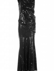 Luxurious evening gown in black polyester and spandex, all over black sequin embroidery - a highlight from the Donna Karan runway - elegant wrapped front - genius slimming effect - feminine cascade neck - figure hugging fit - easy to put on due to stretch content, even though it has no zipper - floor length and slightly flared skirt, agonal cut - a smashing greek statue style dress, perfect for the big events in life - wear with gold or silver jewelry, best with long earrings and strappy heels Luxurious evening gown in black polyester and spandex, all over black sequin embroidery - a highlight from the Donna Karan runway - elegant wrapped front - genius slimming effect - feminine cascade neck - figure hugging fit - easy to put on due to stretch content, even though it has no zipper - floor length and slightly flared skirt, agonal cut - a smashing greek statue style dress, perfect for the big events in life - wear with gold or silver jewelry, best with long earrings and strappy heels