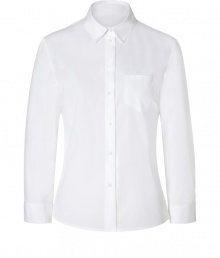 The classic white shirt gets a modern update with this boxy blouse from Jil Sander Navy - Small spread collar, three-quarter sleeves, front button placket, single chest pocket, oversized silhouette - Pair with cropped trousers, a leather jacket, and ballet flats